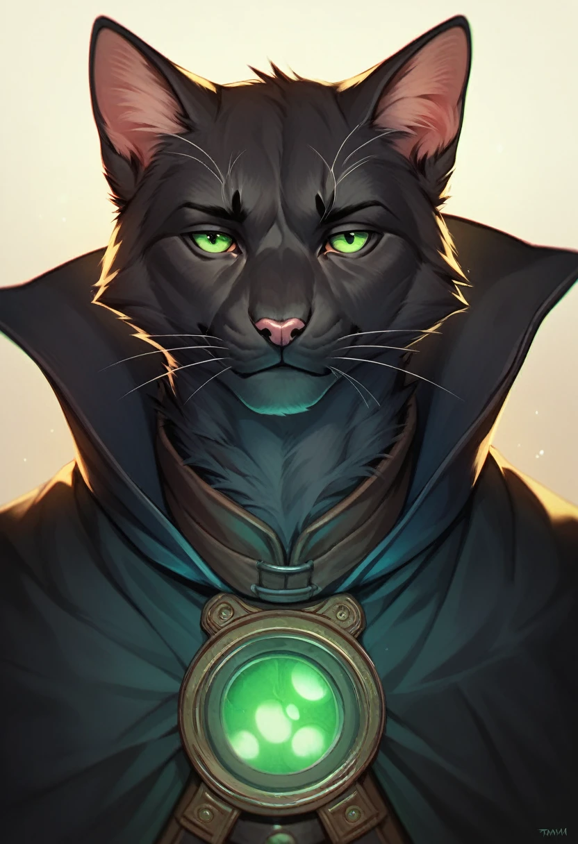 masterpiece, expressive eyes, perfect face, best quality, 1boy, male focus, solo focus, Adult, Tabaxi, Black fur, Cat, Cat tail, Green eyes, Rogue, bloodbourne, black capelet,
