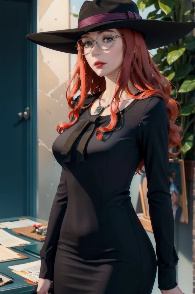 (work of art, best qualityer:1.4), ultra detali, smooth light, natural lighting, cinematic light, film grain, (Depth of field), (standing alone:1.4), sylvia sherwood, black headwear, hat, green eyes, glasses, redhead, red hair, (face perfect, face detailed, Glossy lips, eyeliner), (natural breasts), (dress, red dress, center opening, neckleace), (Mixtape:1.4),