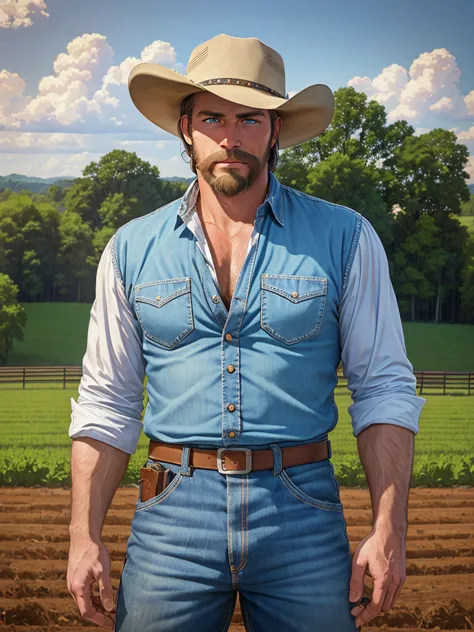 masterpiece, high resolution, hdr, detailed composition, high definition, unique, hot handsome ranch cowboy, farmer, countryside...