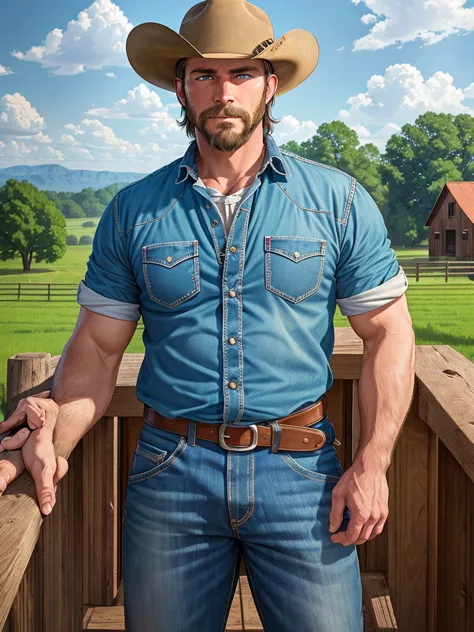 masterpiece, high resolution, hdr, detailed composition, high definition, unique, hot handsome ranch cowboy, farmer, countryside...