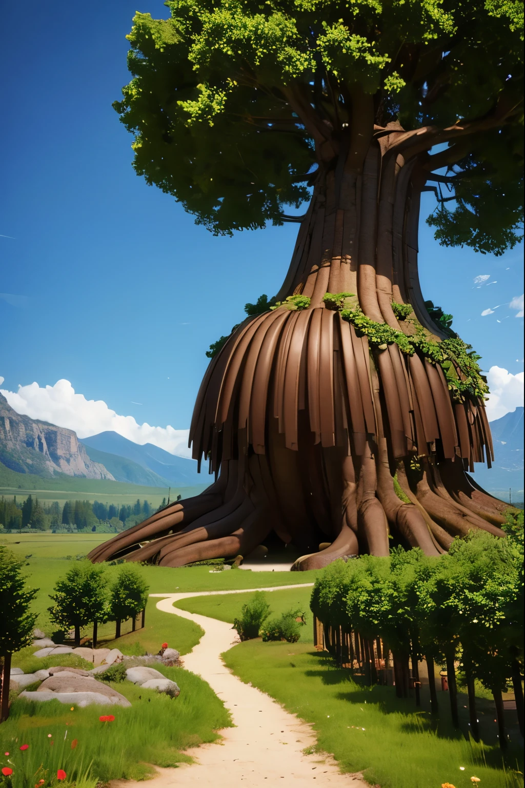 Zebaoth, giant epic fantasy tree, huge mountains, cinematic lens, wide-angle view, realistic, detailed skins, 8k, trending on artstation, smooth, 3d animation --ar 2:1 --v 5 --q 2 --s 750