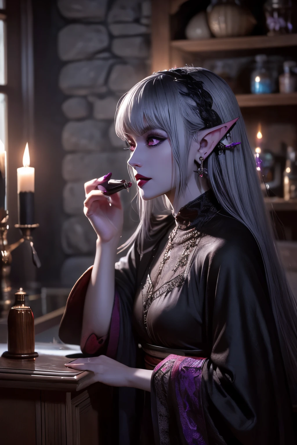 (Ultra-detailed face, looking away, Fantasy Illustration with Gothic, Ukiyo-e, Comic Art, Rich colors), 
BREAK 
(This is the powder room of a medieval Scandinavian style stone and wood mansion. It has moody lighting and a modern wooden vanity table.), 
BREAK 
(DarkElves: A middle-aged dark elf woman with silver color hair, blunt bangs, very long disheveled hair and dark purple color skin, lavender color eyes), 
BREAK 
(A female dark elf wears a reddish-bronze lace robe with reliefs and soft slippers.), 
BREAK 
(A dark elf woman happily turns her back and looks in the mirror as she applies lipstick and puts on earrings.)