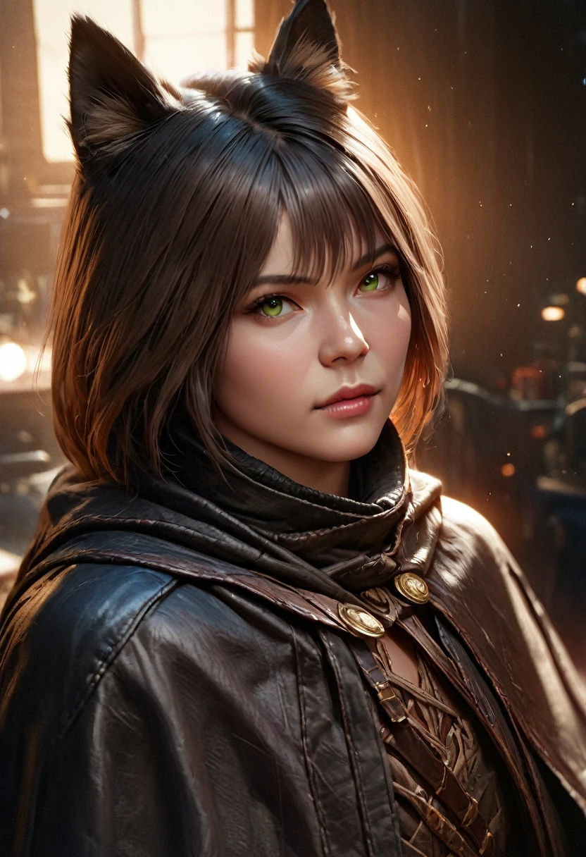 a masterpiece portrait of a tabaxi rogue with expressive green eyes, a perfect detailed face, black fur, cat ears and tail, wearing a black capelet, highly detailed, (best quality,4k,8k,highres,masterpiece:1.2),ultra-detailed,(realistic,photorealistic,photo-realistic:1.37),HDR,UHD,studio lighting,ultra-fine painting,sharp focus,physically-based rendering,extreme detail description,professional,vivid colors,bokeh