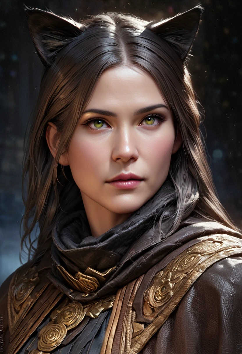 a masterpiece portrait of a tabaxi rogue with expressive green eyes, a perfect detailed face, black fur, cat ears and tail, wearing a black capelet, highly detailed, (best quality,4k,8k,highres,masterpiece:1.2),ultra-detailed,(realistic,photorealistic,photo-realistic:1.37),HDR,UHD,studio lighting,ultra-fine painting,sharp focus,physically-based rendering,extreme detail description,professional,vivid colors,bokeh