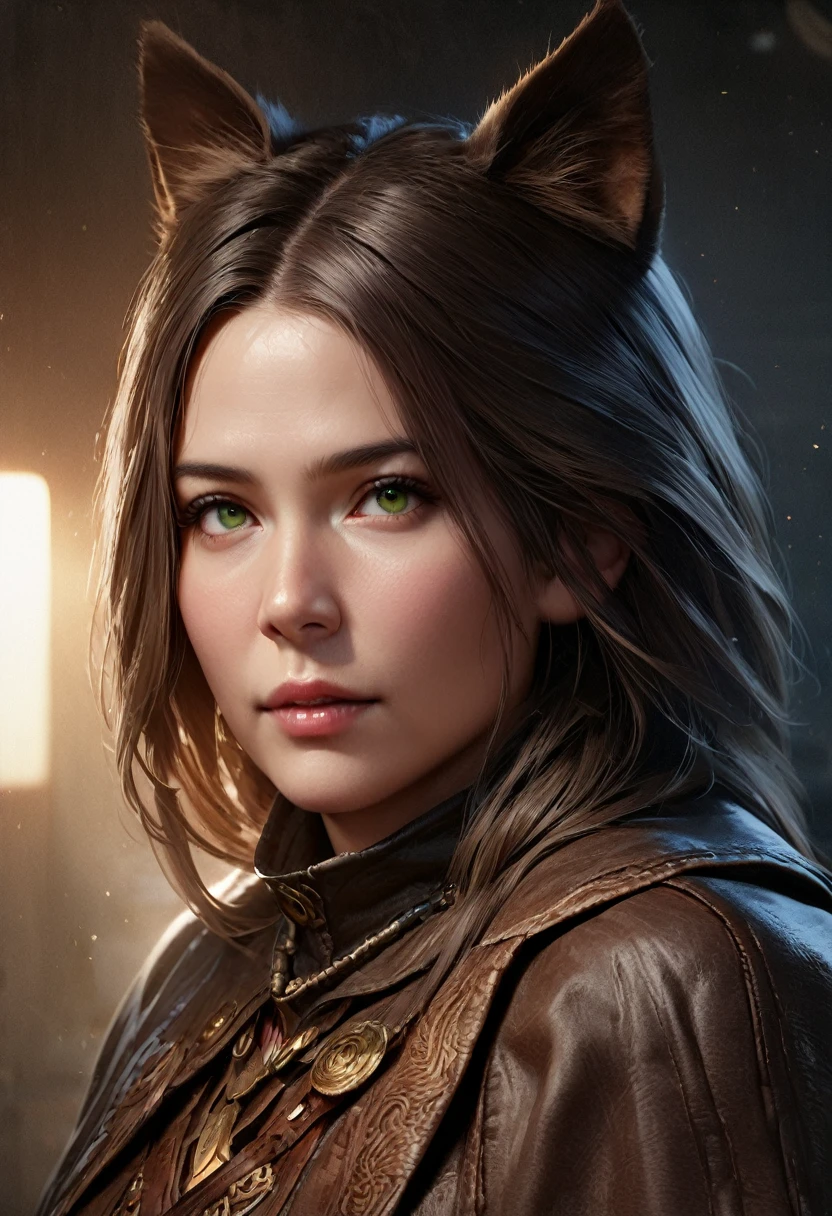 a masterpiece portrait of a tabaxi rogue with expressive green eyes, a perfect detailed face, black fur, cat ears and tail, wearing a black capelet, highly detailed, (best quality,4k,8k,highres,masterpiece:1.2),ultra-detailed,(realistic,photorealistic,photo-realistic:1.37),HDR,UHD,studio lighting,ultra-fine painting,sharp focus,physically-based rendering,extreme detail description,professional,vivid colors,bokeh