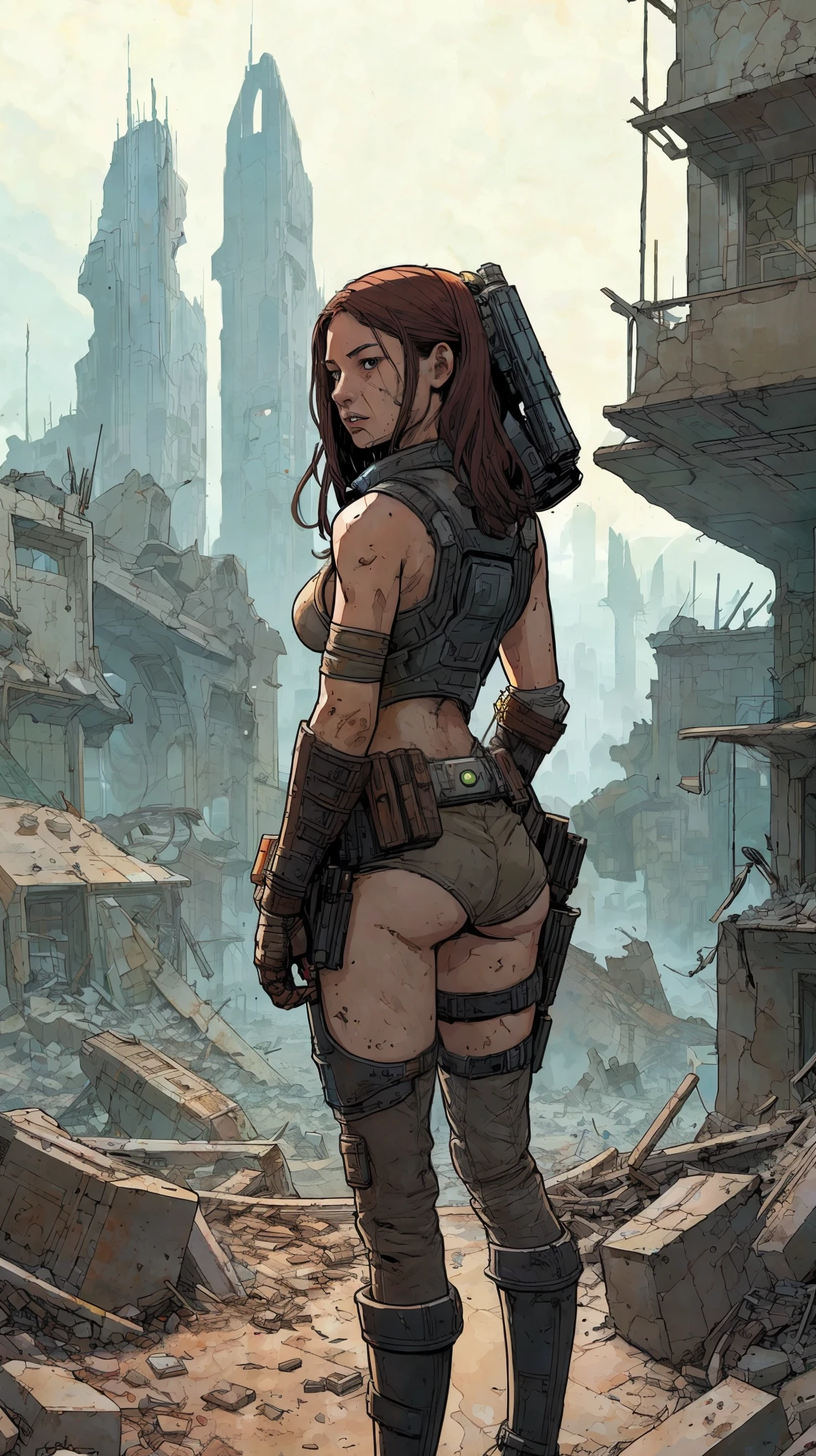 ligne claire illustration of a female bounty hunter, science fiction, post-apocalyptic, crumbling cityscap good hand good body 1k