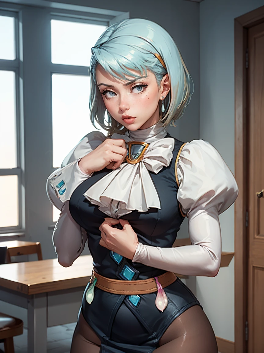 8k, ray tracing, vibrant colors, (aafranziska, light blue hair:1.5), ascot, puffy sleeves, pencil skirt, pantyhose, black gloves, jewelry, earrings, slim figure, masterpiece, sharp focus, Best Quality, depth of field, cinematic lighting, very detailed clothes, (condom belt, condom hair ornament:1.4), ((so embarrassed, blush)), elbow gloves, Perfect eyes, perfect hair, Rich in details and textures, masterpiece, Best Quality, beautiful girl, Sun light, chiaroscuro, (perfect hands:0.7, Clean hands:0.7), ((((Professional photography)))), ((Dream)), Whole body