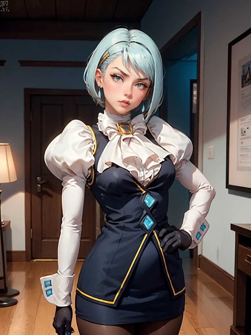 8k, ray tracing, vibrant colors, (aafranziska, light blue hair:1.5), ascot, puffy sleeves, pencil skirt, pantyhose, black gloves, jewelry, earrings, slim figure, masterpiece, sharp focus, Best Quality, depth of field, cinematic lighting, very detailed clothes, (condom belt, condom hair ornament:1.4), ((so embarrassed, blush)), elbow gloves, Perfect eyes, perfect hair, Rich in details and textures, masterpiece, Best Quality, beautiful girl, Sun light, chiaroscuro, (perfect hands:0.7, Clean hands:0.7), ((((Professional photography)))), ((Dream)), Whole body