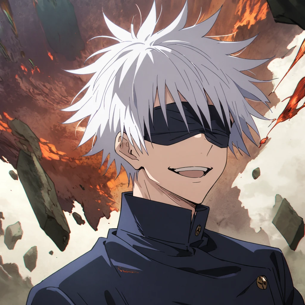 (1 male,satoru gojo,jujutsu kaisen,Gray Hair),(Gojo Satoru Costume Details:Black clothes with a high collar,(Black blindfold)), (Infinite Emptiness)Draw a scene from,Cynical smile,,Gojo is a tall adult male.,A highly likeable male character,Rising pale energy,Ishida Midori Style,I was impressed by Yoshihiro Togashi.,Black, white and blue as main colors,Intricate details,Wind,Impressive illustration work,Decadent,artwork,Perfect Anatomy,Anatomically correct,,Dynamically,nice,wonderful,Dark fantasy,Light and Darkness,Coming this way,(masterpiece:1.3),(highest quality:1.4),(ultra detailed:1.5),High resolution,extremely detailed,unity 8k wallpaper,Close-up portrat digital art