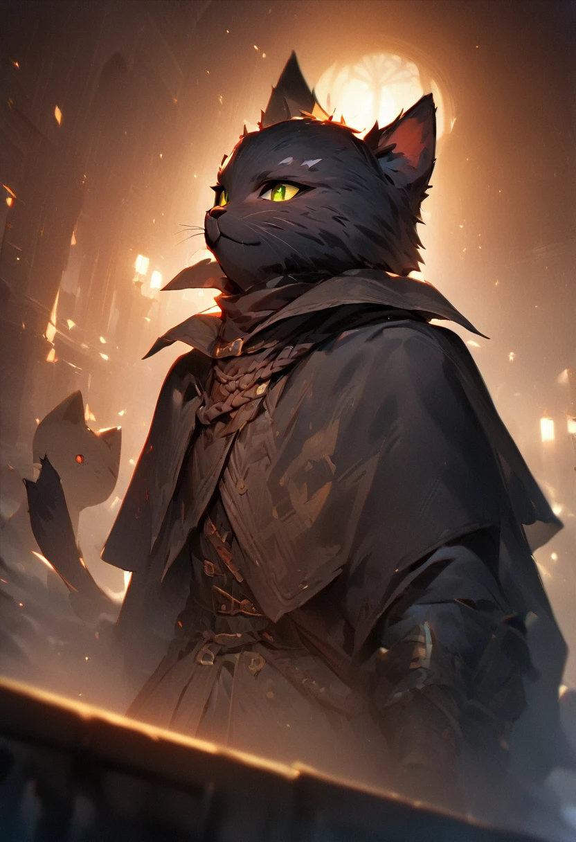 masterpiece, expressive eyes, perfect face, best quality, 1boy, male focus, solo focus, Adult, Tabaxi, Black fur, Cat, Cat tail, Green eyes, Rogue, bloodbourne, black capelet,(best quality,4k,8k,highres,masterpiece:1.2),ultra-detailed, HDR, UHD, studio lighting, ultra-fine painting, sharp focus, physically-based rendering, extreme detail description, professional, vivid colors
