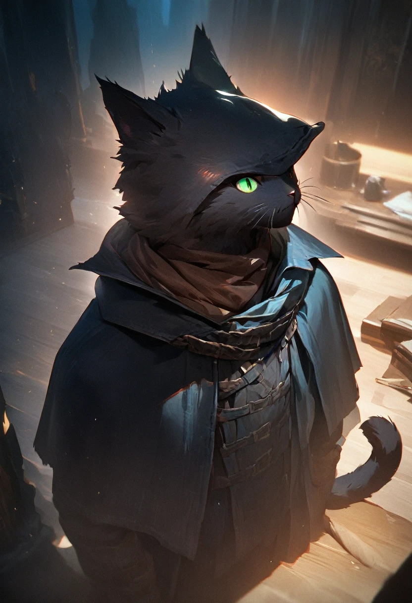 masterpiece, expressive eyes, perfect face, best quality, 1boy, male focus, solo focus, Adult, Tabaxi, Black fur, Cat, Cat tail, Green eyes, Rogue, bloodborne, black capelet,(best quality,4k,8k,highres,masterpiece:1.2),ultra-detailed, HDR, UHD, studio lighting, ultra-fine painting, sharp focus, physically-based rendering, extreme detail description, professional, vivid colors
