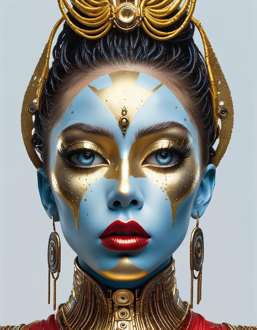 In the style of cyberpunk futurism, African influence, raw etam, light blue and gold, Michael Creese, Steelpunk, Michael Hussar, white background, best quality, high quality, editorial photo, absurdists, masterpiece, intricate detail, film grain, intense red