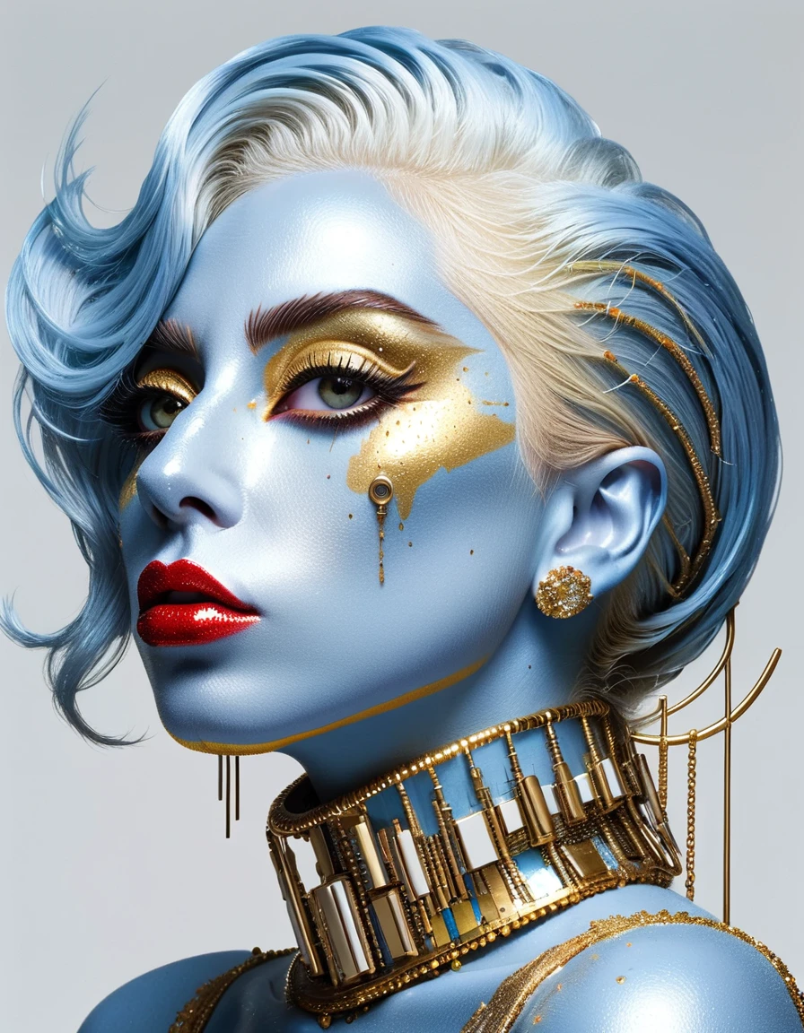 Lady Gaga In the style of cyberpunk futurism, African influence, raw etam, light blue and gold, Michael Creese, Steelpunk, Michael Hussar, white background, best quality, high quality, editorial photo, absurdists, masterpiece, intricate detail, film grain, intense red