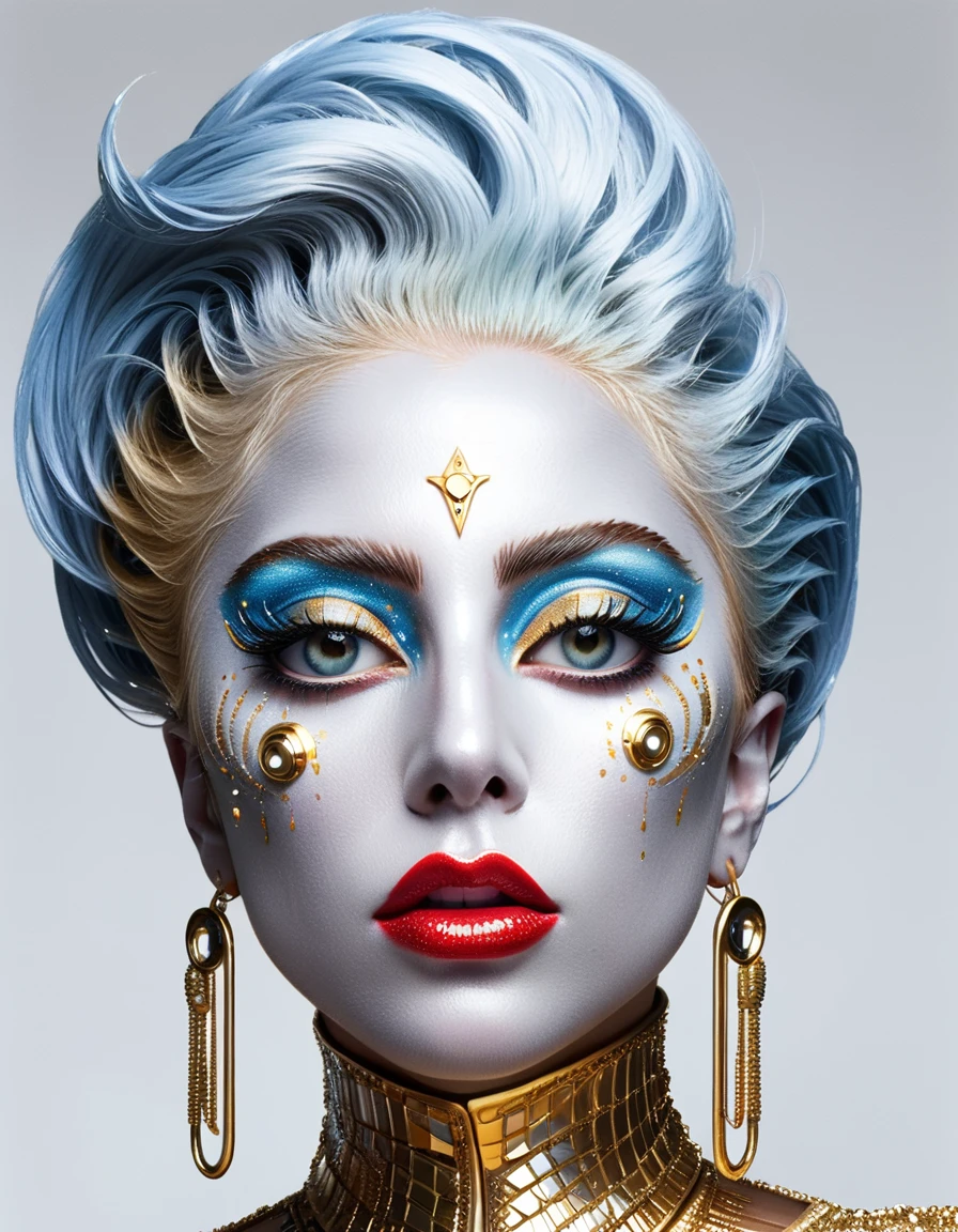 Lady Gaga In the style of cyberpunk futurism, African influence, raw etam, light blue and gold, Michael Creese, Steelpunk, Michael Hussar, white background, best quality, high quality, editorial photo, absurdists, masterpiece, intricate detail, film grain, intense red