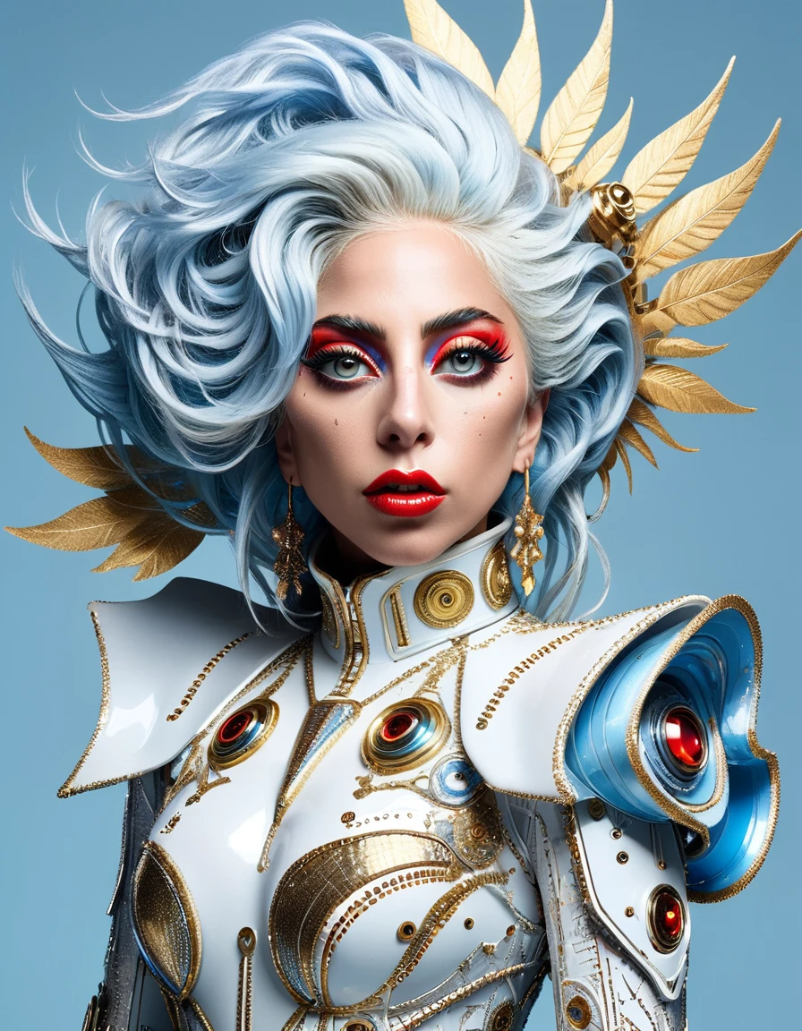 Lady Gaga In the style of cyberpunk futurism, African influence, raw etam, light blue and gold, Michael Creese, Steelpunk, Michael Hussar, white background, best quality, high quality, editorial photo, absurdists, masterpiece, intricate detail, film grain, intense red