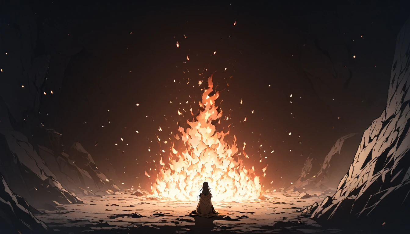 (best qualityer, work of art),  (1 girl, standing alone,brown cloak, expression face, looking away, sitting down, wide sleeves, eyes black, cloused mouth, Ribbon-shaped fire on the head, long hair, cowboy shot), (monochrome, Night sky at cave entrance , light rising from the bottom, inside from Caverna, Floating glowing bunch of white particles, Burning fire at hand, Floating many small fires),