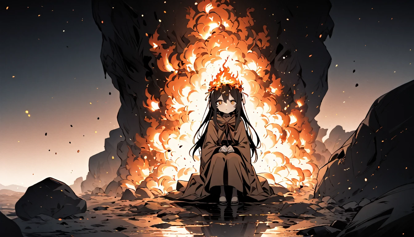 (best qualityer, work of art),  (1 girl, standing alone,brown cloak, expression face, looking away, sitting down, wide sleeves, eyes black, cloused mouth, Ribbon-shaped fire on the head, long hair, cowboy shot), (monochrome, Night sky at cave entrance , light rising from the bottom, inside from Caverna, Floating glowing bunch of white particles, Burning fire at hand, Floating many small fires),