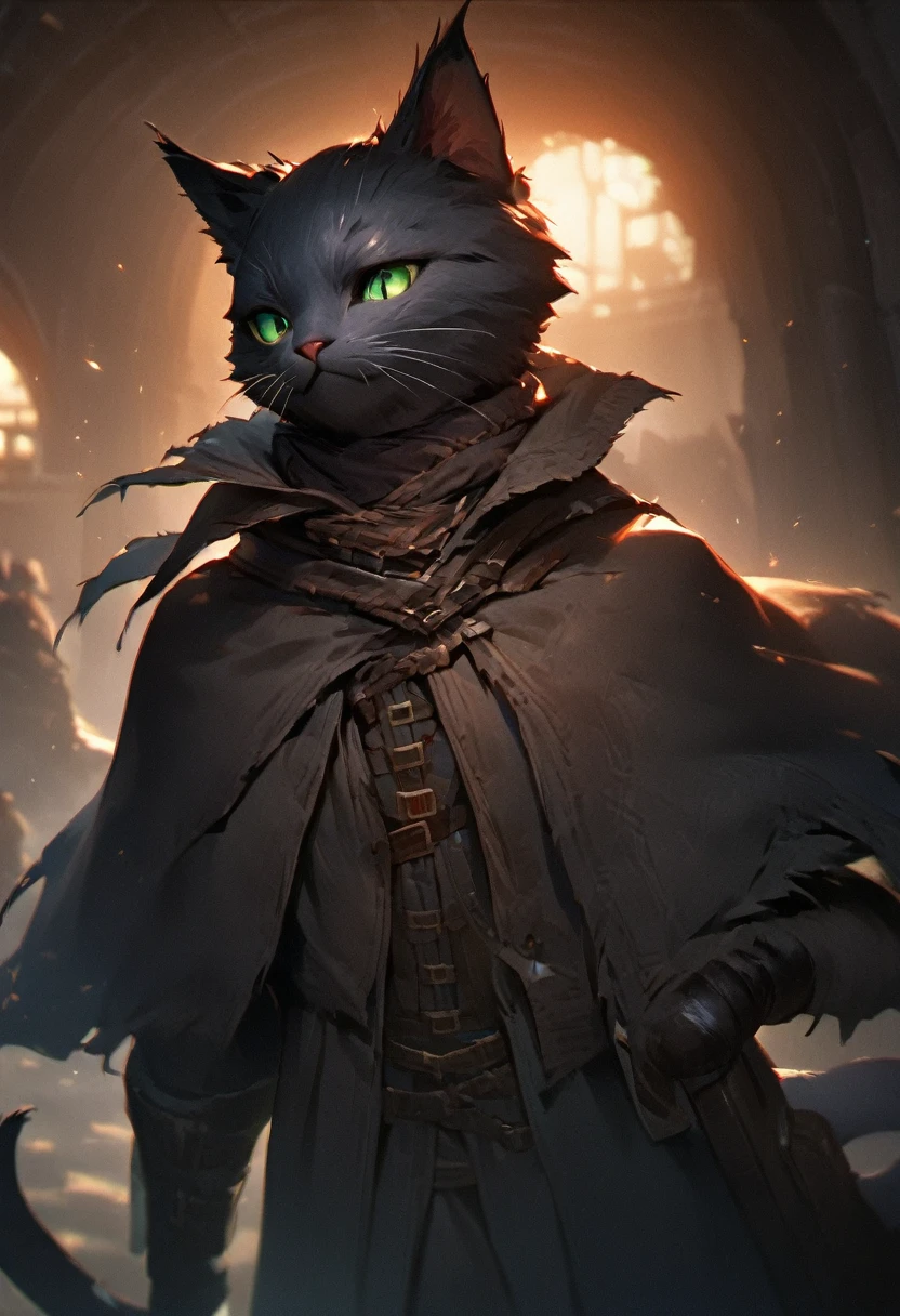 masterpiece, expressive eyes, perfect face, best quality, 1boy, male focus, solo focus, Adult, Tabaxi, Black fur, Cat, Cat tail, Green eyes, Rogue, bloodborne, black capelet,(best quality,4k,8k,highres,masterpiece:1.2),ultra-detailed, HDR, UHD, studio lighting, ultra-fine painting, sharp focus, physically-based rendering, extreme detail description, professional,
