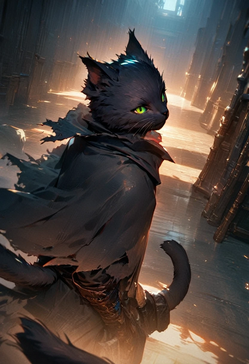 masterpiece, expressive eyes, perfect face, best quality, 1boy, male focus, solo focus, Adult, Tabaxi, Black fur, Cat, Cat tail, Green eyes, Rogue, bloodborne, black capelet,(best quality,4k,8k,highres,masterpiece:1.2),ultra-detailed, HDR, UHD, studio lighting, ultra-fine painting, sharp focus, physically-based rendering, extreme detail description, professional,
