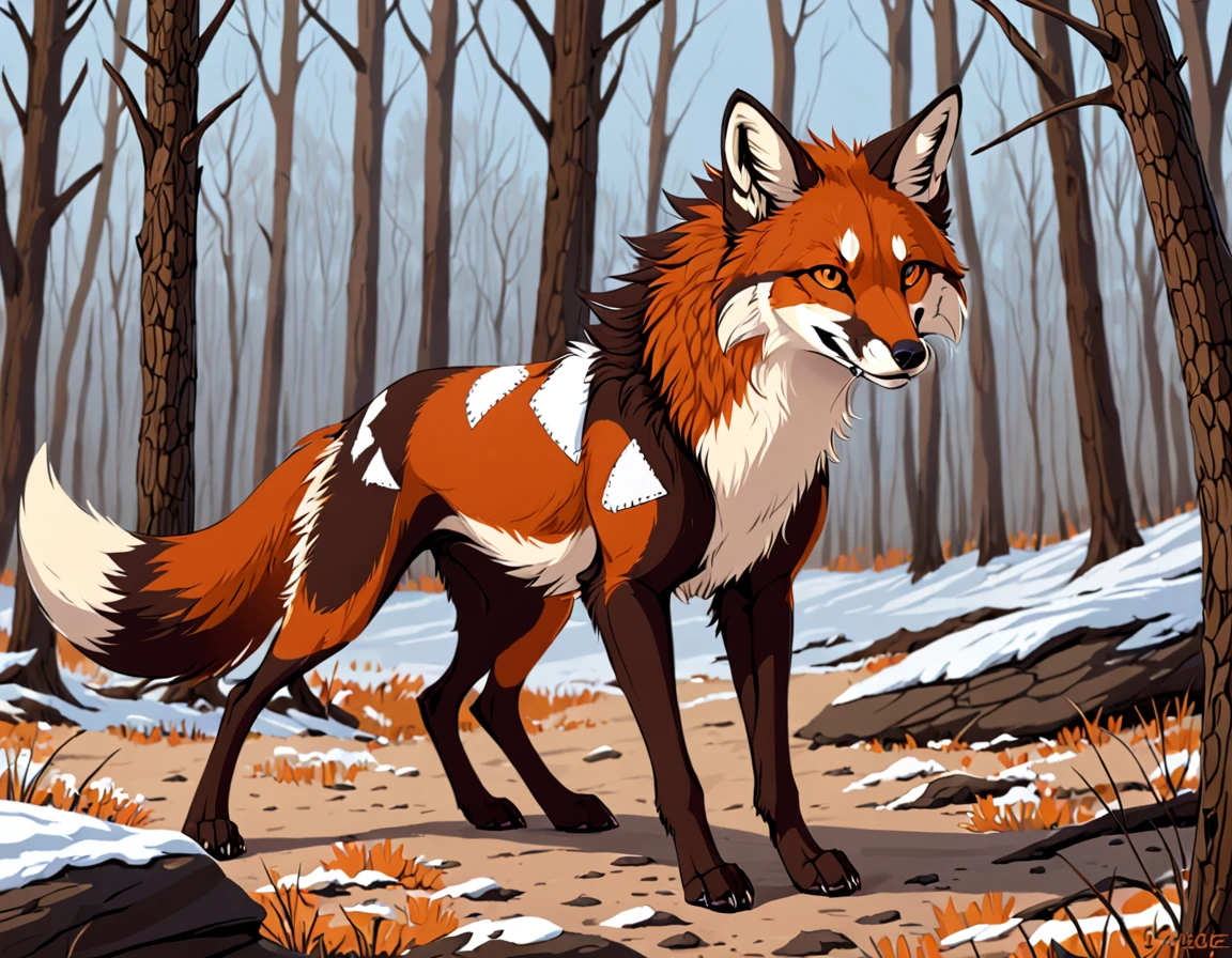 Solo, feral, dire fox, dark brown fur color accented with patches of orange and white, massive, predatory, savage