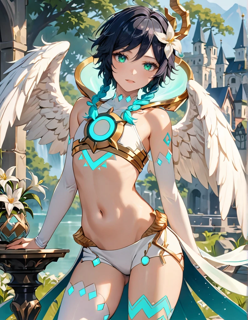 (masterpiece,best quality,4k,8k,absurdres:1.2),agahari,aoi nanase,((illustrated by carnelian)),sharp and clear, wide blue slit pupils, green eyes, perfect face, 1boy, flat chest,venti_\(archon\)_\(genshin_impact\),bare stomach,graceful,(face focus,detailed_eyes),gradient_hair,chest_tattoo,(thigh_tattoo left thigh),flirtatious,seductive,dsmile,large fluffy angel wings,otoko no ko,(single_thighhigh right thigh),holy,divine,genshin landscape,mondstadt,realistic:.15,ai-generated:.25,cecilias