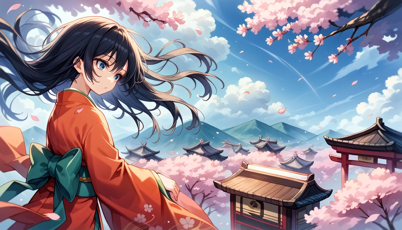 1 girl,Bblack hair, floating hair, seashore,Scenario,paisaje,Cherry blossoms, Falling petals, ray of sunlight,godrays,trunk,  Farbe,don,kimono