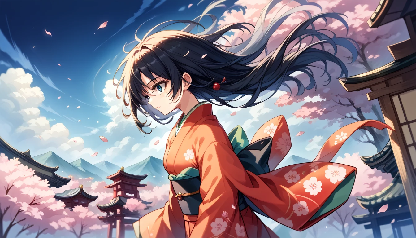 1 girl,Bblack hair, floating hair, seashore,Scenario,paisaje,Cherry blossoms, Falling petals, ray of sunlight,godrays,trunk,  Farbe,don,kimono