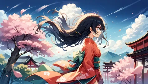 1 girl,bblack hair, floating hair, seashore,scenario,paisaje,cherry blossoms, falling petals, ray of sunlight,godrays,trunk,  fa...