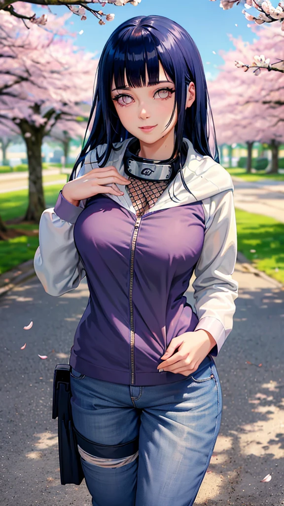 H1N4T4, 1girl, hyuuga hinata, solo, (realistic:0.5), masterpiece, solo, (best quality, perfect detailed, beautifully detailed face, detailed eyes), glistening shiny, ray tracing, DOF, HDR, gradient eyes, sharp eyelashes, ((eyelashes)), mascara, detail_face, eyelashes, shiny hair, flirting, seductive smile, parted lips, medium breasts, (soft particles floating:1.1), ((looking at viewer)), (playmate pose:1.1), (full body:1.1), ((8k wallpaper)), ((highres)), long hair, black hair, white eyes, (pants:1.2), hand on hip, hood, bangs, full body, standing, blurry, looking at viewer, long sleeves, smile, (grassfield:1.4), (tree:1.2), (cherry blossom:1.3), (blue sky:1.3), (sun),