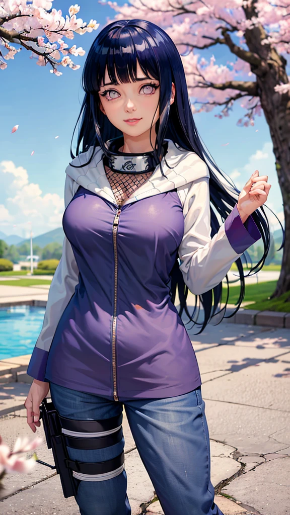 H1N4T4, 1girl, hyuuga hinata, solo, (realistic:0.5), masterpiece, solo, (best quality, perfect detailed, beautifully detailed face, detailed eyes), glistening shiny, ray tracing, DOF, HDR, gradient eyes, sharp eyelashes, ((eyelashes)), mascara, detail_face, eyelashes, shiny hair, flirting, seductive smile, parted lips, medium breasts, (soft particles floating:1.1), ((looking at viewer)), (playmate pose:1.1), (full body:1.1), ((8k wallpaper)), ((highres)), long hair, black hair, white eyes, (pants:1.2), hand on hip, hood, bangs, full body, standing, blurry, looking at viewer, long sleeves, smile, (grassfield:1.4), (tree:1.2), (cherry blossom:1.3), (blue sky:1.3), (sun),