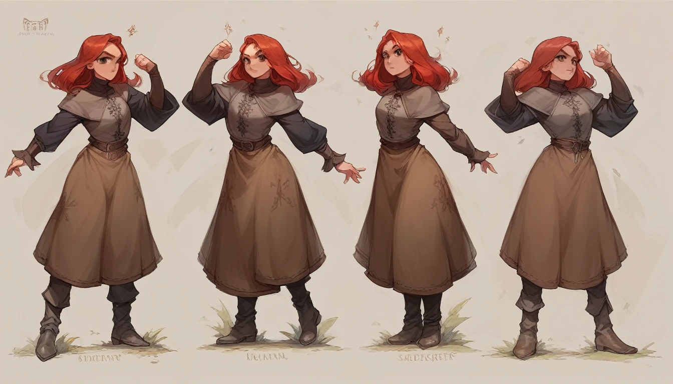 Concept art, girl, red hair, MEDIEVAL CLOTHES, brown pants, black boots, medieval gothic theme, full body pose