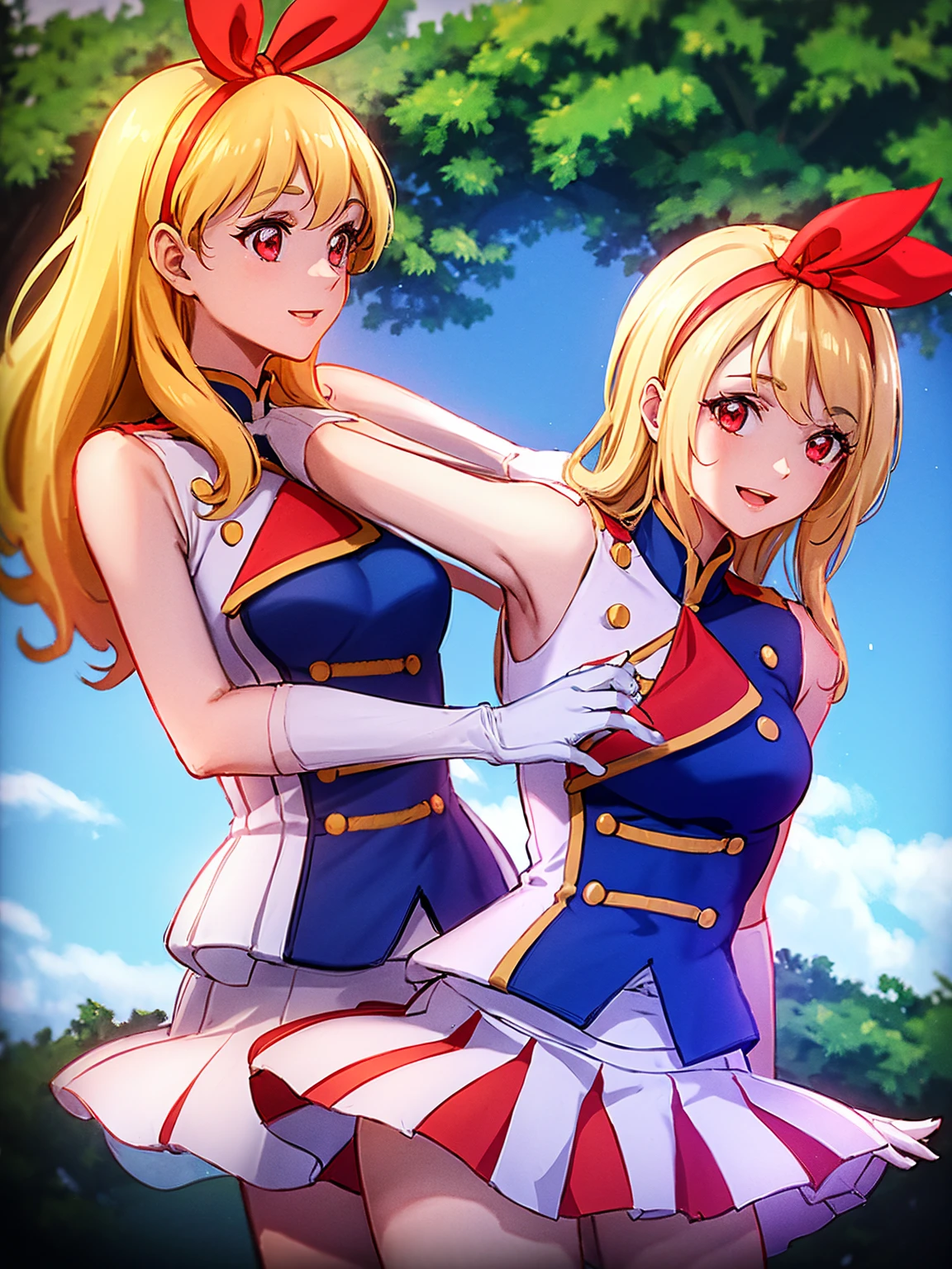 (red ribbon on hairband:1.2),masterpiece, best quality, highres, 1girl, solo, Blonde hair, RED eyes, mole under eye, band uniform, sleeveless, white gloves, pleated skirt, knee boots, cowboy shot, hand on hip, smile, open mouth, outdoors