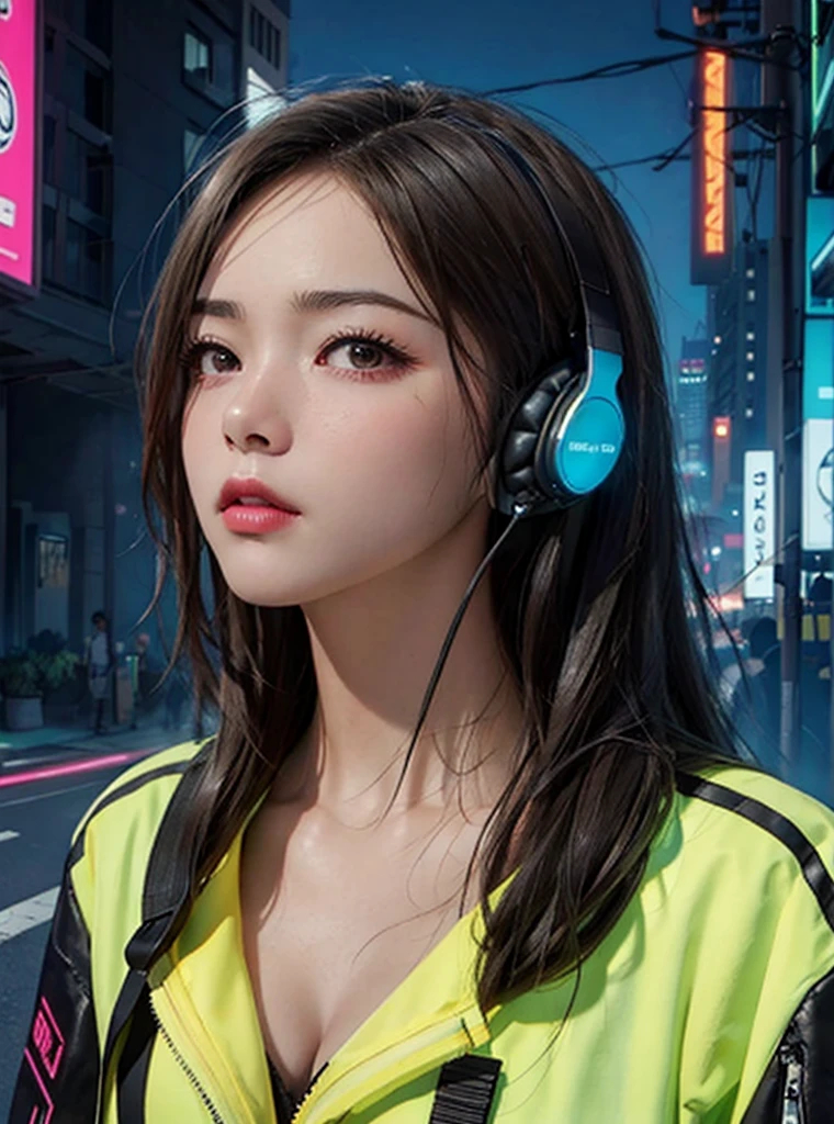 (masterpiece, Highest quality, Highest quality, Very detailed, Most detailed, Highest quality、Realistic photo、, Structure of the film, beautifully、aesthetic:1.2), colorful, (Detailed drawn eyes:1.1), Beautiful Face, Perfect body, One girl, alone, City of night, City, Ratan, street, black | Yellow bomber jacket, (Neon Light:1.1), Big Breasts、Beautiful breasts、 software, performer, (headphone:1.1), (cyber punk:1.1), (sf:1.1), (look up:1.2), (public:1.2)