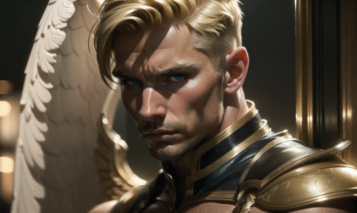 [((highly detailed, detailed eyes, detailed face, clear and realistic facial features, photorealistic, realistic light, cinematic, chest-up shot)), (1 man), (((((Gorgeous perfect sexy powerful masculine male angel))))), (((one pair of large wings))), ((faint halo)), ((short blond hair, green eyes)), ((35 years old)), ((wearing flattering angelic clothes)), (((aura of divine power))), standing in a cozy apartment at nighttime, ((light blush)), (((wearing a smoldering indignant expression)))]