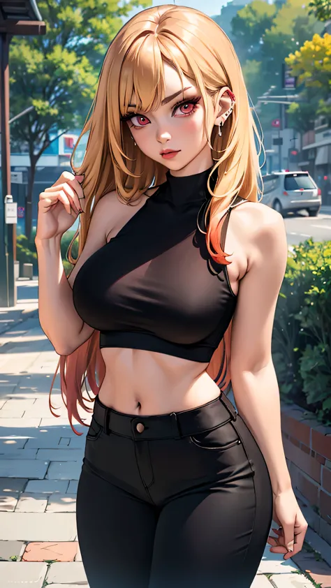 ((best quality)), ((artwork)), (detailed: 1.4), beautiful woman, asian, short black sleeveless t-shirt, black pants, blonde hair...