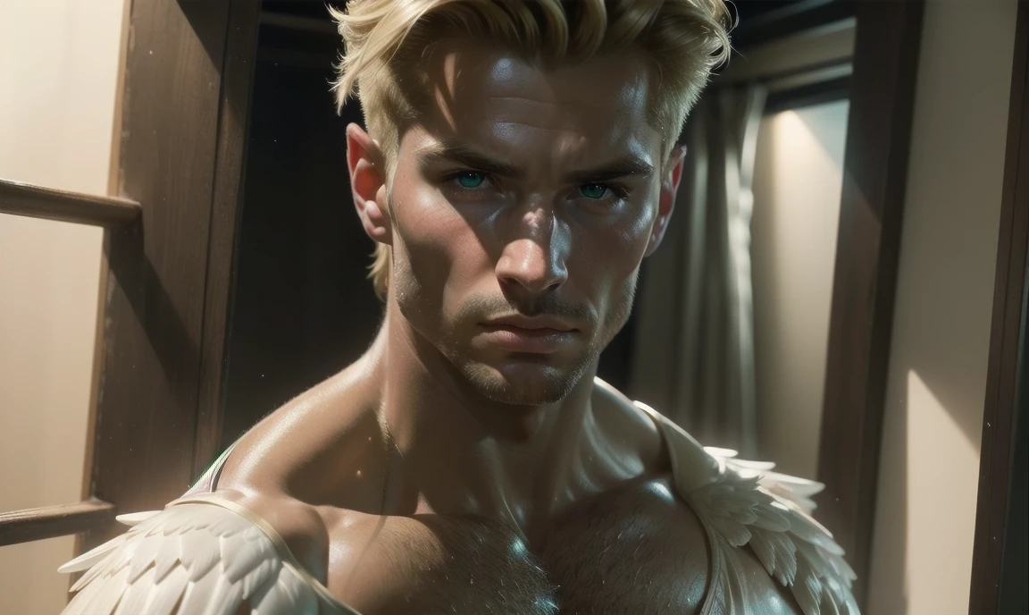 [((highly detailed, detailed eyes, detailed face, clear and realistic facial features, photorealistic, realistic light, cinematic, face and upper chest shown)), (1 man), (((((Gorgeous perfect sexy powerful masculine male angel))))), (((one pair of large wings, showing both wings))), ((faint halo)), ((short blond hair, green eyes)), ((35 years old)), ((wearing flattering angelic clothes)), (((aura of divine power))), standing in a cozy apartment at nighttime, ((light blush)), (((wearing a smoldering indignant expression)))]