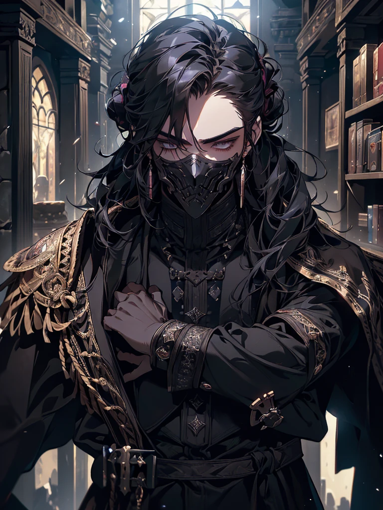 (masterpiece, high quality, cinematic lighting, backlighting, sharp colors)
Tall muscular young man, black hair tied in a bun, dark eyes, compact muscles. Face hidden by a full iron mask, expressionless. Wears medieval robe, leather shirt and pants, armor plates on vital areas. Dark crime scene background, shadowy atmosphere.