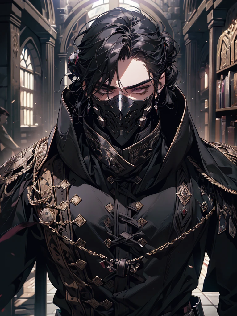 (masterpiece, high quality, cinematic lighting, backlighting, sharp colors)
Tall muscular young man, black hair tied in a bun, dark eyes, compact muscles. Face hidden by a full iron mask, expressionless. Wears medieval robe, leather shirt and pants, armor plates on vital areas. Dark crime scene background, shadowy atmosphere.