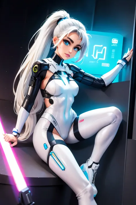 full body cyber girl with a ponytail. ariana grande's face. bright white color to show she's a cyber girl whit laser rifle. whit...