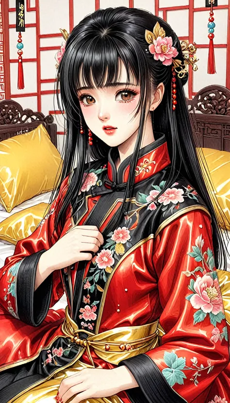 beautiful 15 year old chinese kung fu girl princess with long black hair　gorgeous embroidery, ultra glossy, she is wearing a shi...