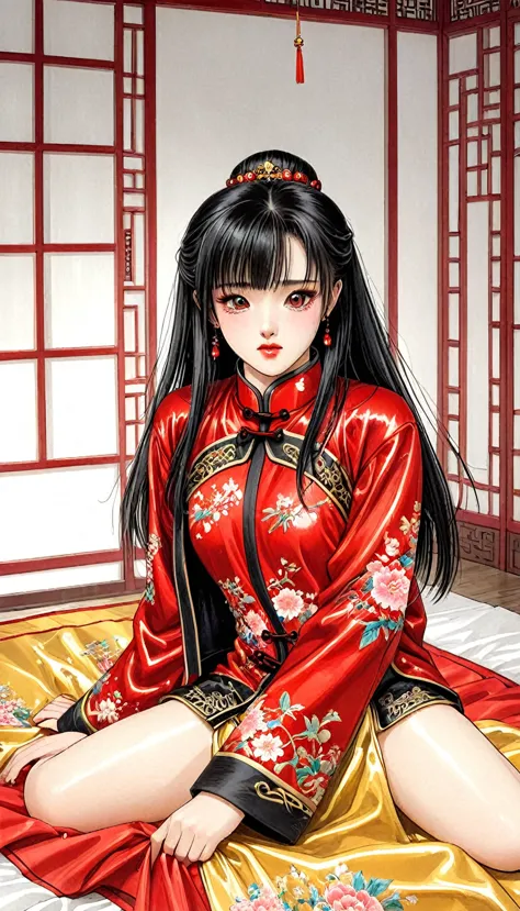 beautiful 15 year old chinese kung fu girl princess with long black hair　gorgeous embroidery, ultra glossy, she is wearing a shi...