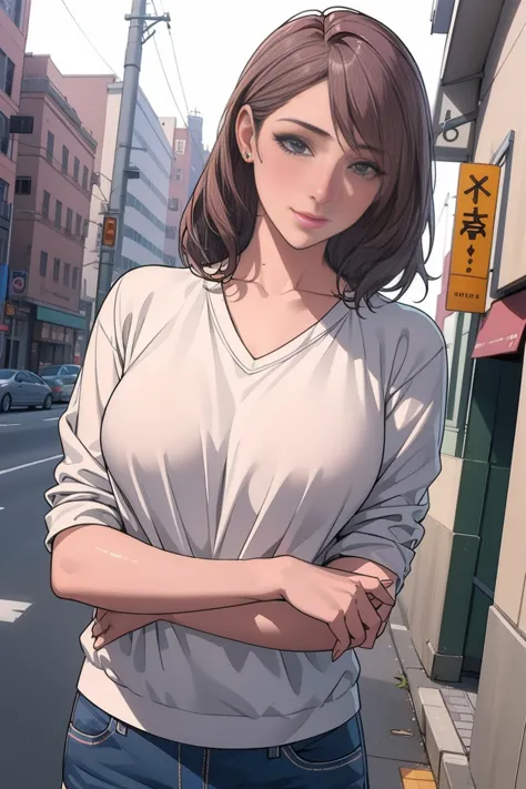 girl in casual clothes chest、neckline、urban landscape、flirtatious look、((very detailed))、(perfectly detailed face)、(detailed han...