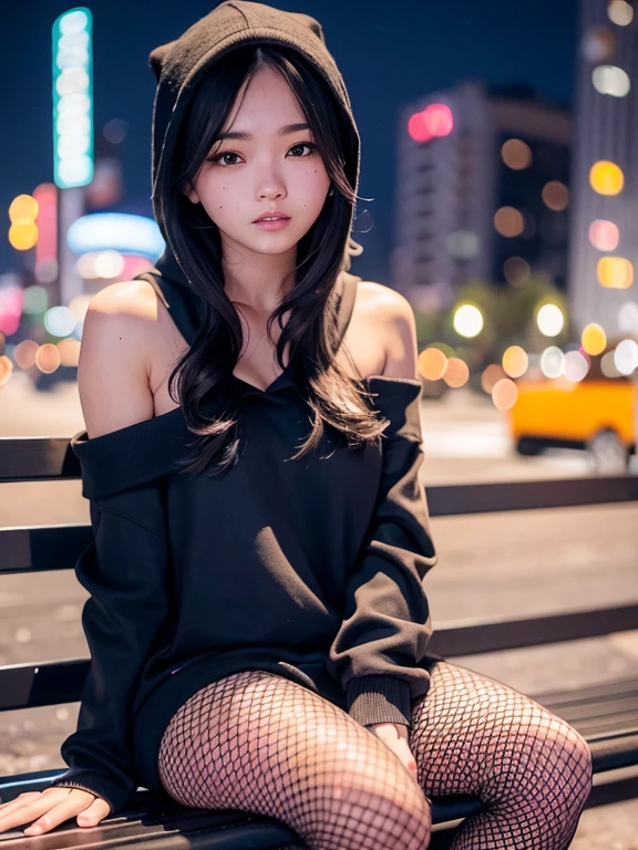 sitting on a bench at night, There is snow on the ground, shy, Mole on chin, Wearing a loose, oversized hoodie, Off the shoulder, Fishnet leggings,  Sexy thighs, Side pose, Small mole on chin, blush, Neon lights on the background, Detailed Background, it&#39;s raining, Long sleeve, Neck choker with necklace, Long Necklace, Evil look, Detailed digital anime art