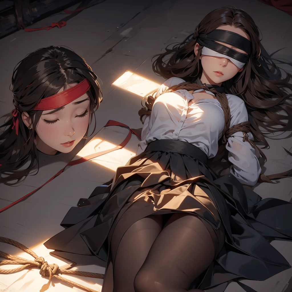 A girl tied up with rope,Brown haired, Very long see-through skirt,Lying down,(Blindfold:1.4), Solobound