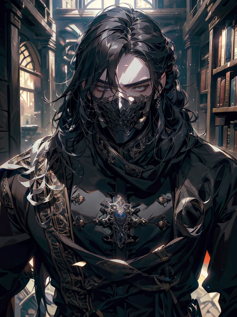 (masterpiece, high quality, cinematic lighting, backlighting, sharp colors)
Tall muscular young man, black hair tied in a bun, dark eyes, compact muscles. Face hidden by a full iron mask, expressionless. Wears medieval robe, leather shirt and pants, armor plates on vital areas. Dark crime scene background, shadowy atmosphere.