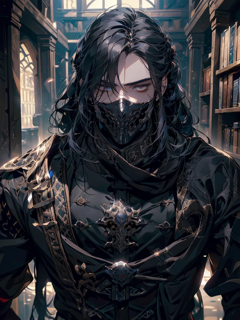 (masterpiece, high quality, cinematic lighting, backlighting, sharp colors)
Tall muscular young man, black hair tied in a bun, dark eyes, compact muscles. Face hidden by a full iron mask, expressionless. Wears medieval robe, leather shirt and pants, armor plates on vital areas. Dark crime scene background, shadowy atmosphere.