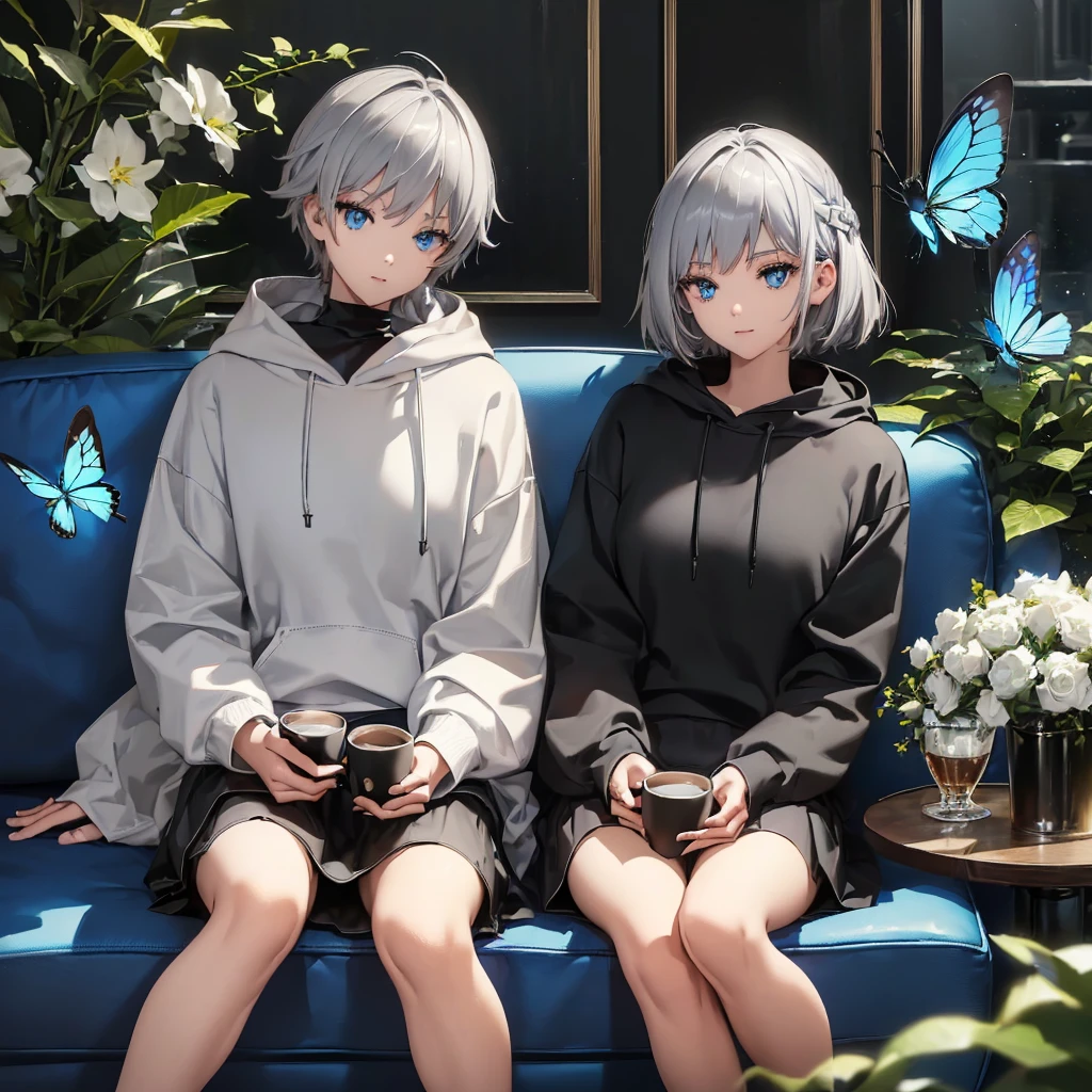 (((1 person　Gray Hair　Sit on the sofa　Crossing your legs　blue eyes)))　((High resolution　short hair　hoodie　Black Skirt　Rin々Funny face))　((Close-up))　((Blue butterfly　Asahi　Shining Aura　Catch the wind　Holding a cup　Drink coffee))　(smile　Bathed in light)　Shining Background　Shining Edge