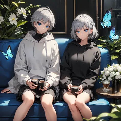 (((1 person　gray hair　sit on the sofa　crossing your legs　blue eyes)))　((high resolution　short hair　hoodie　black skirt　rin々funny ...