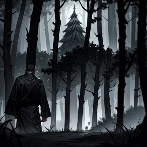 (a late night walk), (through the haunted woods), (with a menacing shadowy figure in the distance), very detailed, high quality,...