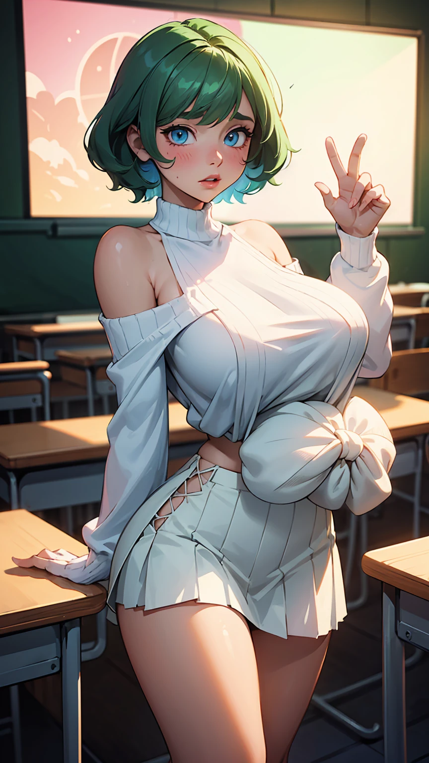 ((masterpiece, best quality;1.3)), ultra detailed, 8k unity wallpapers, CG, ray tracing, illustration, colorful, cinematic shadow, extremely detailed and beautiful background,vhd, shadering VRay,RT, 1milf,exquisite gyaru style,short green hair, blue eyes,blush,pink lips , (huge sagging breasts:1.1), big ass, curvy body, (micro White Sweater off shoulders with wide open chest:1.2), (micro skirt:1.3) , white knee socks ,(classroom),provocative and mature demeanor ,looking at the viewer, facing the viewer , standing,glowing, glowing light, ultra detailed, scenic, atmospheric , big areola,, topless, upper body naked, breast expansion, big breast:1.5,droopy breasts:1.4